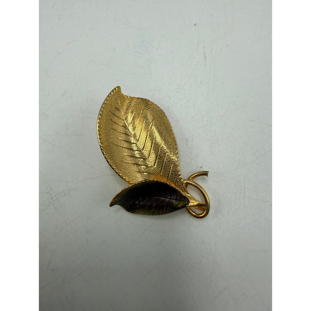 Vintage Gold Tone Double Leaf Brooch Textured Nature Inspired Enamel Accent Pin